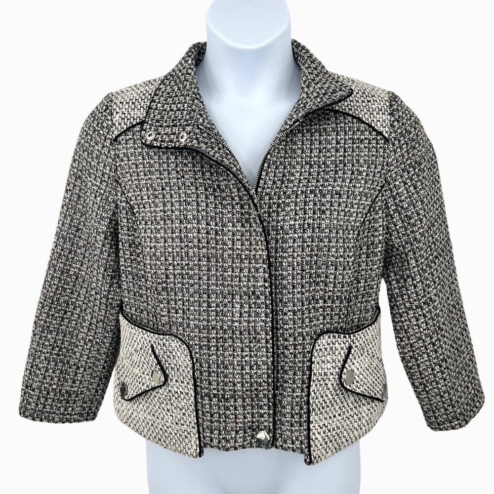 STUNNING CHICO'S BLACK & WHITE METALLIC SILVER THREAD BLAZER JACKET - M